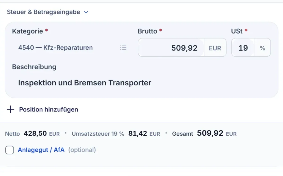 Beleg prüfen: Kategorie, Betrag, Umsatzsteuer und Auswahl „Anlagegut / AfA“