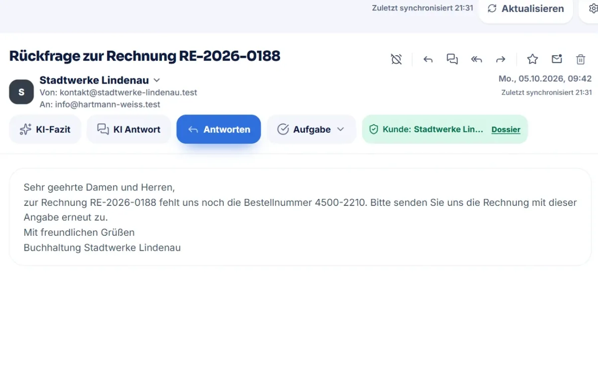 MailDock: Mail eines erkannten Kunden mit Hinweis „Kunde“ und Link zum Dossier