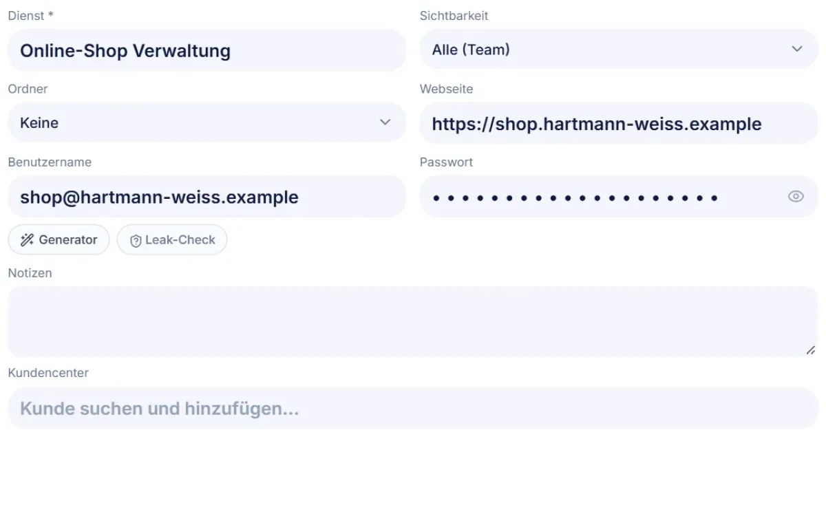 SafeBox: neuen Zugang anlegen mit Dienst, Ordner, Webseite, Benutzername und Passwort, darunter Generator und Leak-Check