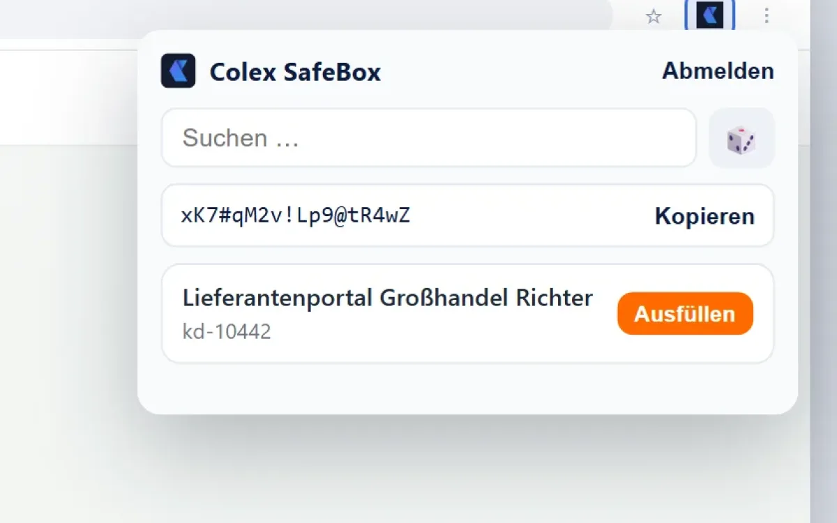 Browser-Erweiterung von SafeBox: starkes Passwort erzeugen und kopieren