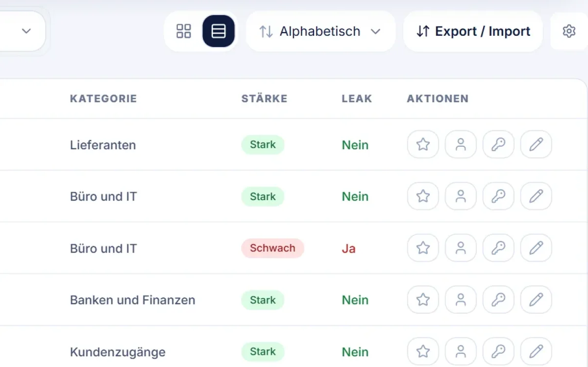 SafeBox: Umschalter Kacheln oder Liste, Sortierung und Knopf „Export / Import“ über der Liste