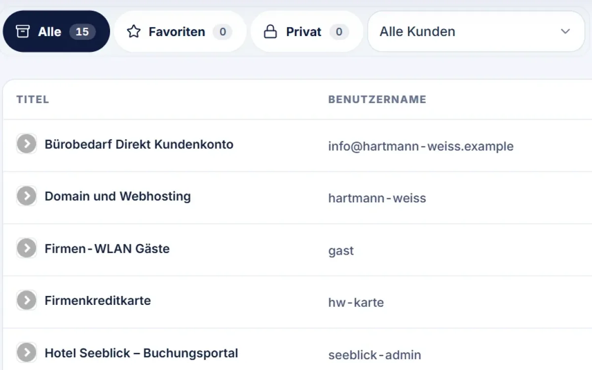 SafeBox: Filter für alle Einträge, Favoriten und private Einträge über der Liste