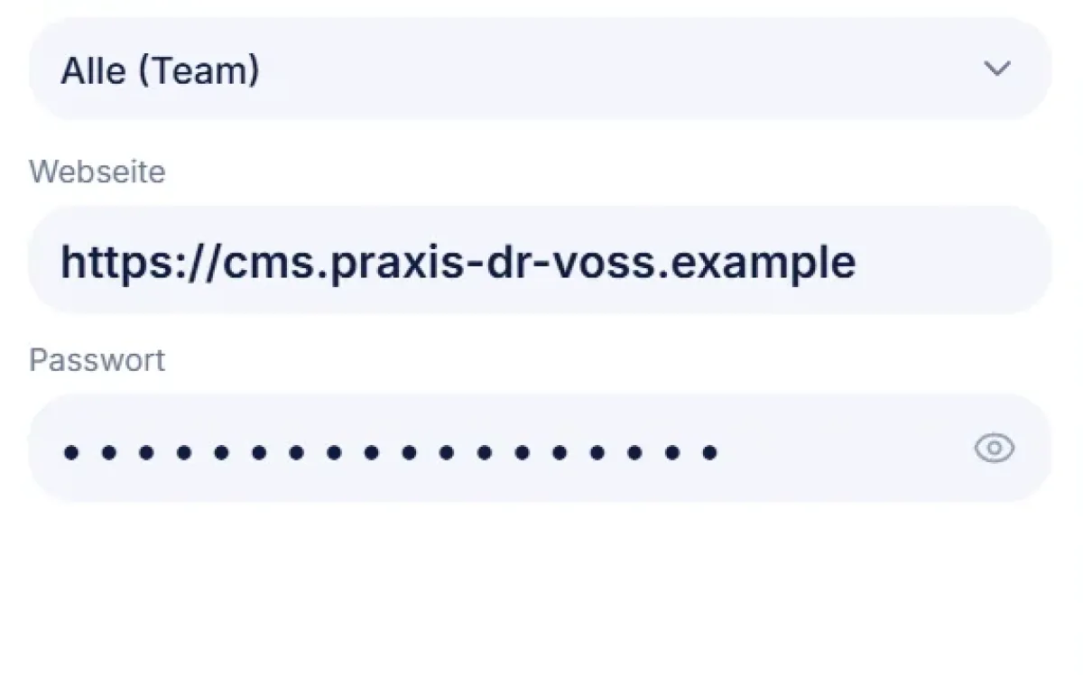 Eintrag in SafeBox mit Sichtbarkeit, Webseite und verdecktem Passwort