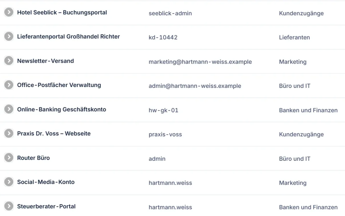 SafeBox in der Listenansicht: Titel, Benutzername und Ordner jedes Eintrags