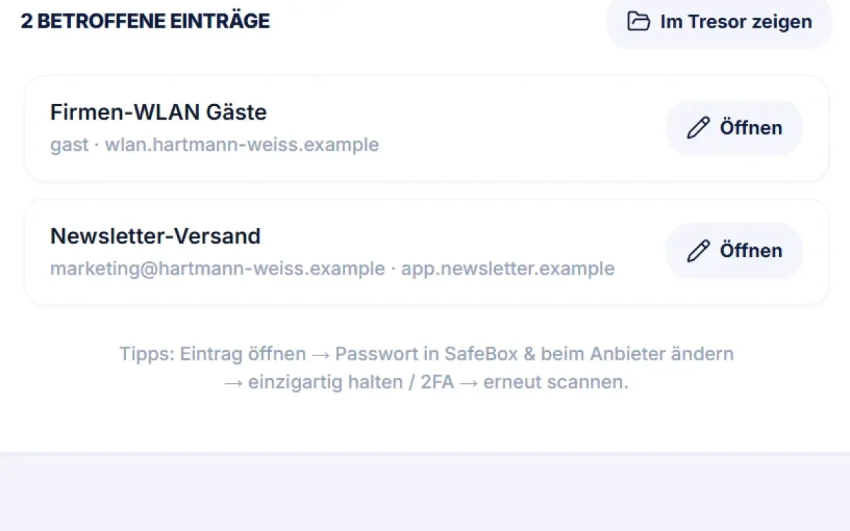 SafeBox: Ergebnis des Sicherheits-Scans mit zwei betroffenen Einträgen und Knopf zum Öffnen