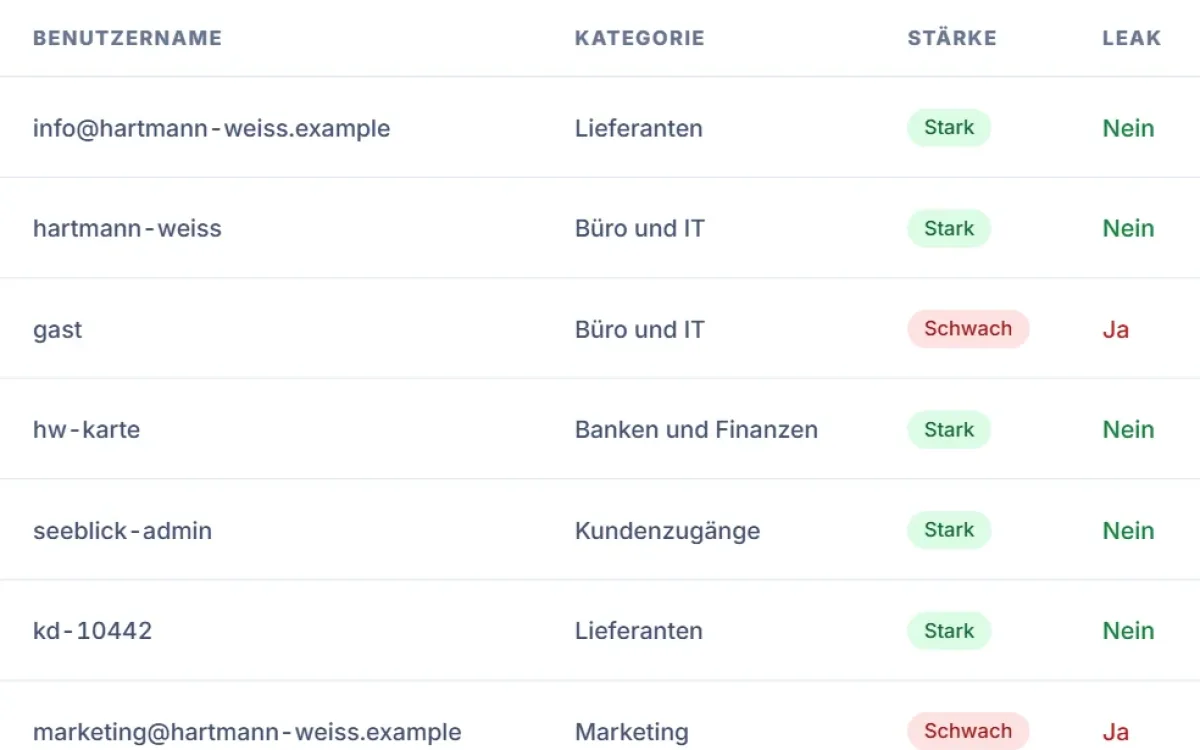 SafeBox: Liste mit Passwortstärke „Stark“ oder „Schwach“ und dem Ergebnis des Leak-Checks je Eintrag