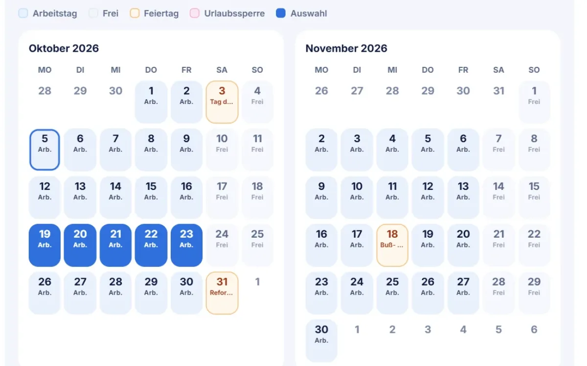 TimeHub: Urlaubskalender für zwei Monate mit Feiertagen, gewähltem Zeitraum und Legende inklusive Urlaubssperre