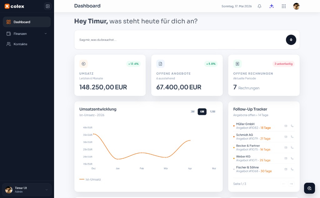 Colex Dashboard – Umsatz, Angebote, Rechnungen und Teamübersicht