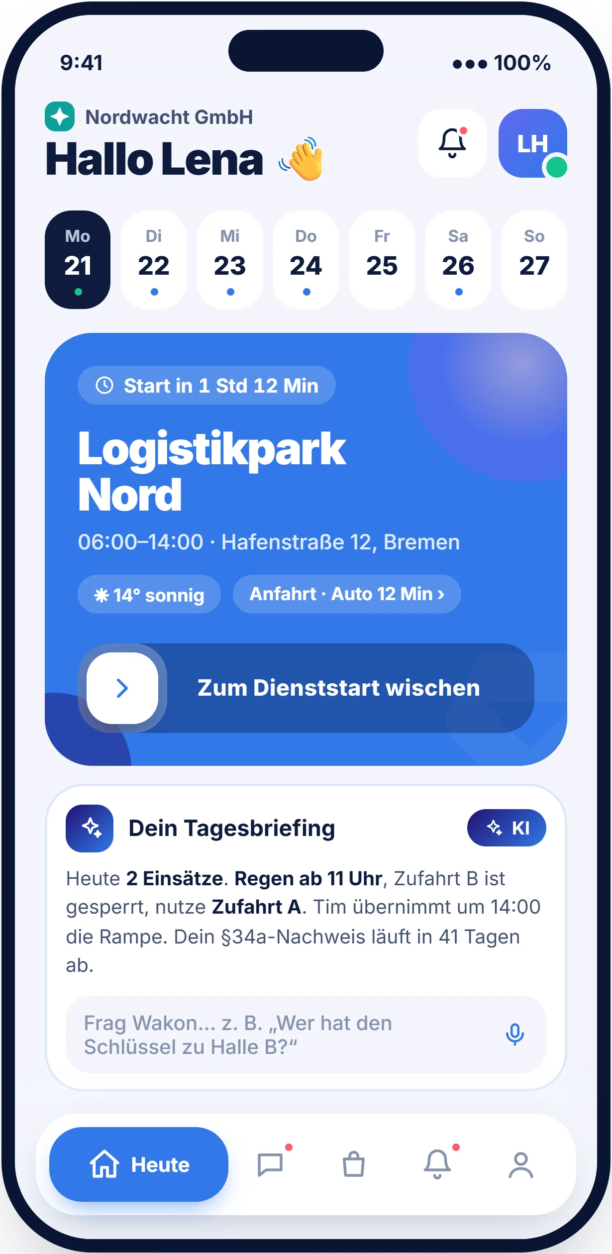 WAKON Mitarbeiter-App: Dienstübersicht am Handy