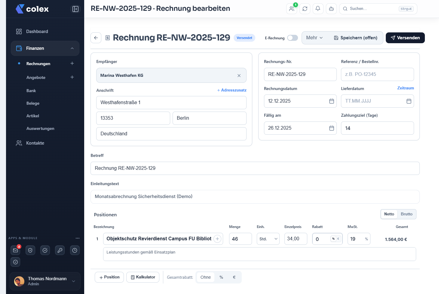 Rechnungseditor in Colex