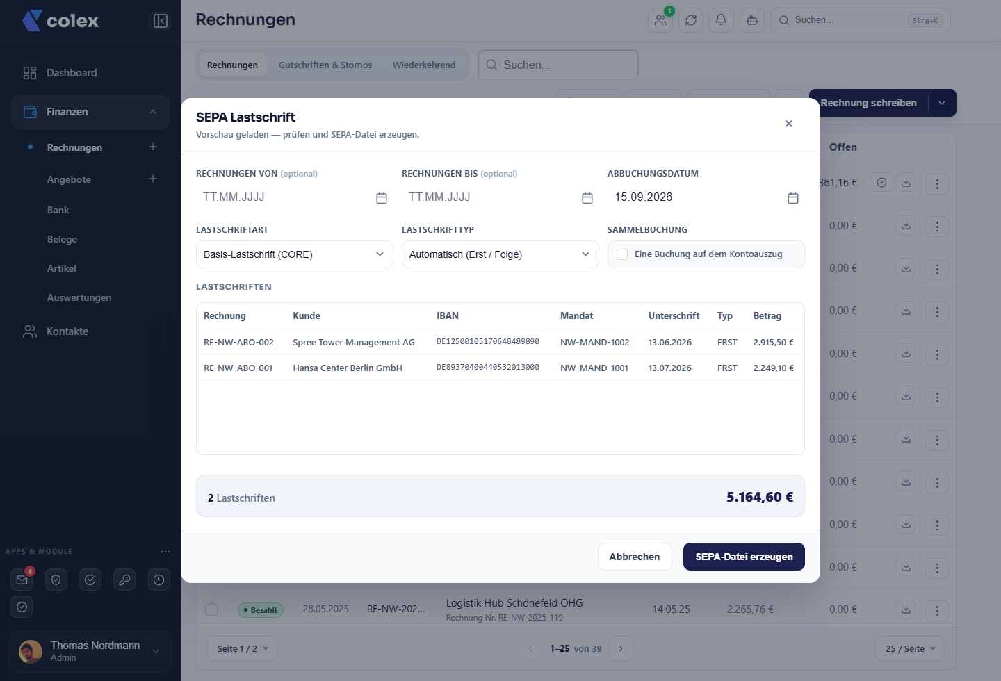 SEPA-Lastschrift Export