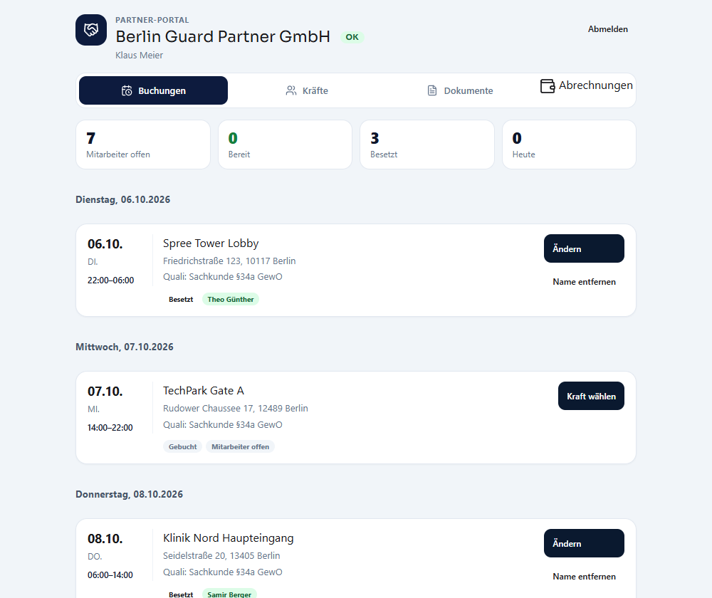 Partner-Portal Buchungen: freigegebene Einsätze mit Objekt, Zeit und zugewiesener Kraft