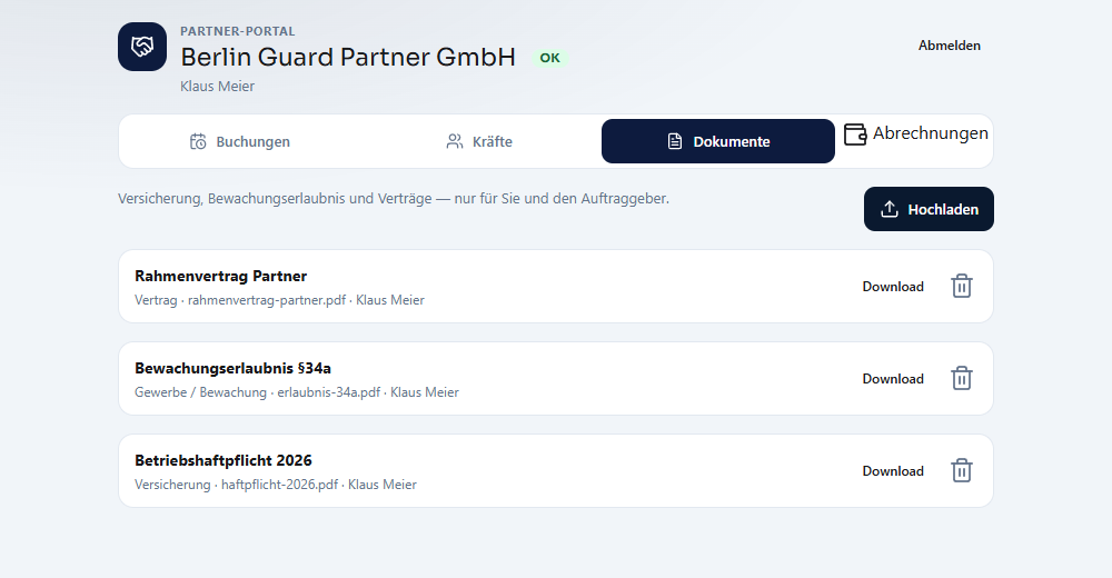 Partner-Portal Dokumente: Haftpflicht, Bewachungserlaubnis und Rahmenvertrag