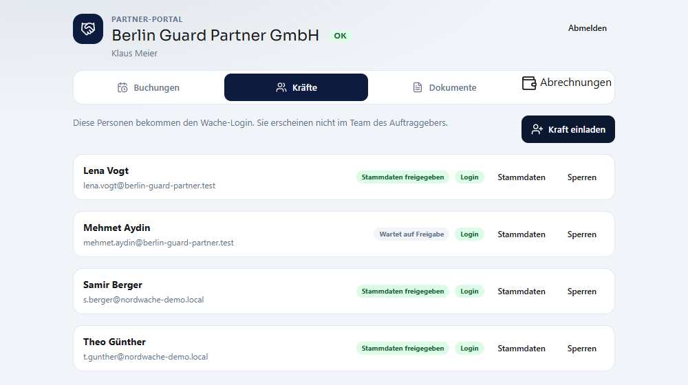 Partner-Portal Kräfte: eingeladene Mitarbeitende mit Stand der Freigabe und Login