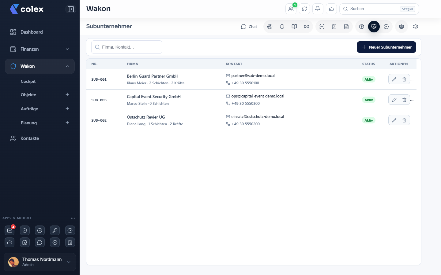 WAKON Partnerverwaltung: Subunternehmer mit Kontakt, Status und Einsätzen