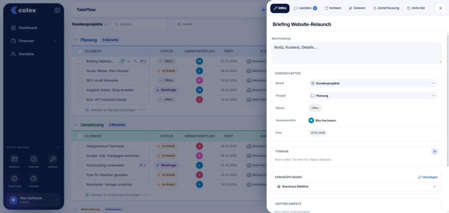 Aufgabendetails in TaskFlow mit Beschreibung, Status, Verantwortlichem, Frist und verknüpftem Kunden