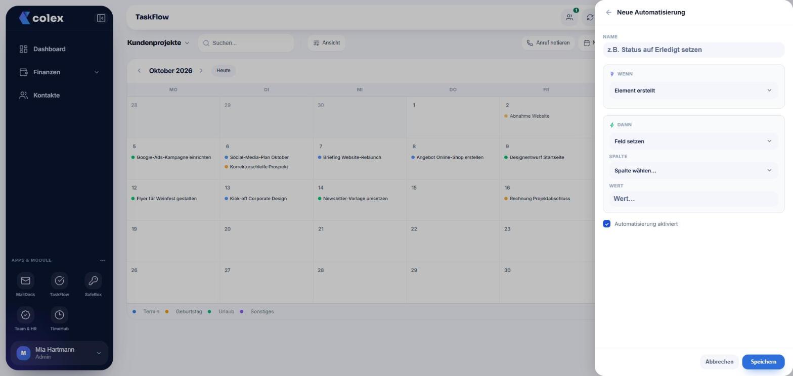 Neue Automatisierung in TaskFlow mit Wenn-Dann-Regel für ein Board