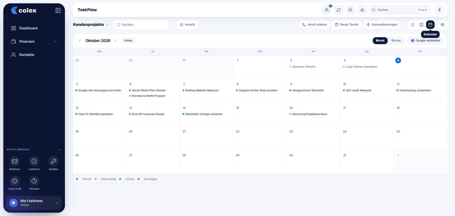 Kalenderansicht in TaskFlow mit Fristen und Aufgaben im Monat