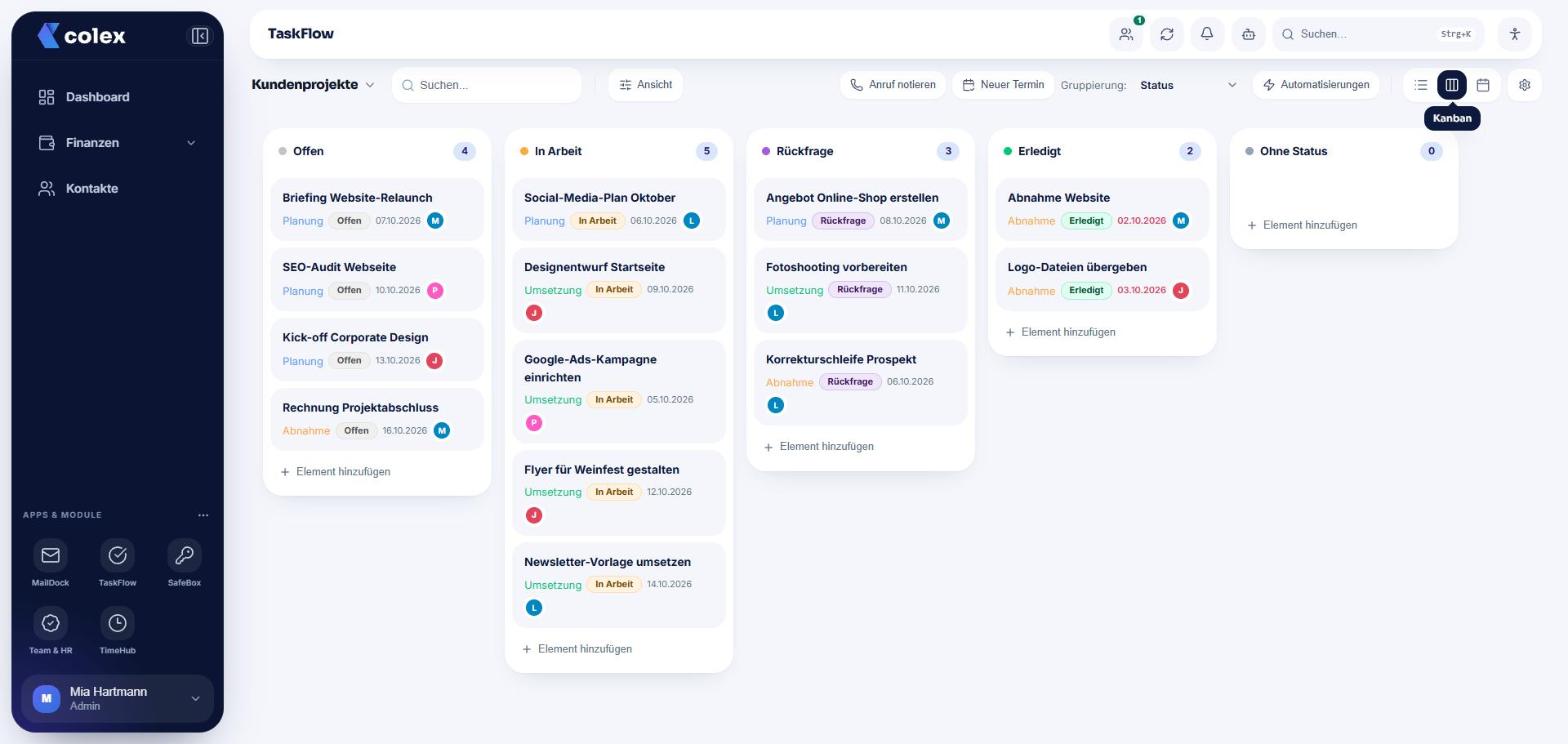 Kanban-Ansicht in TaskFlow mit Spalten Offen, In Arbeit, Rückfrage und Erledigt