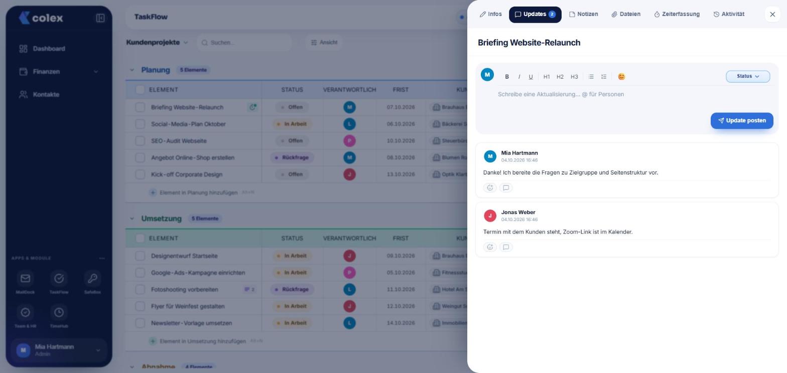 Kommentare am Element in TaskFlow mit Rückfrage und Antwort im Team