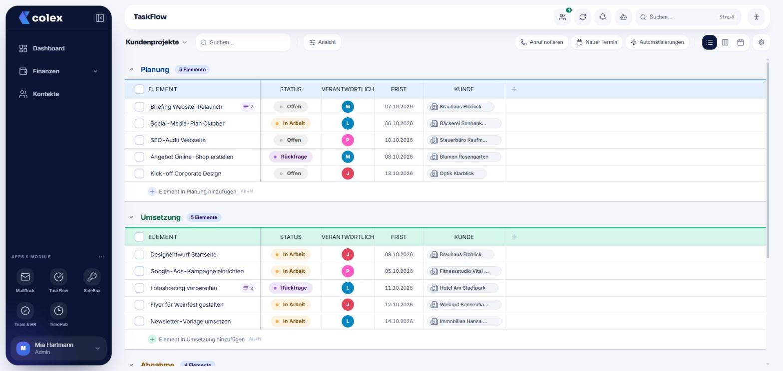 TaskFlow-Board einer Agentur in der Listenansicht mit Status, Verantwortlichen, Fristen und Kunden