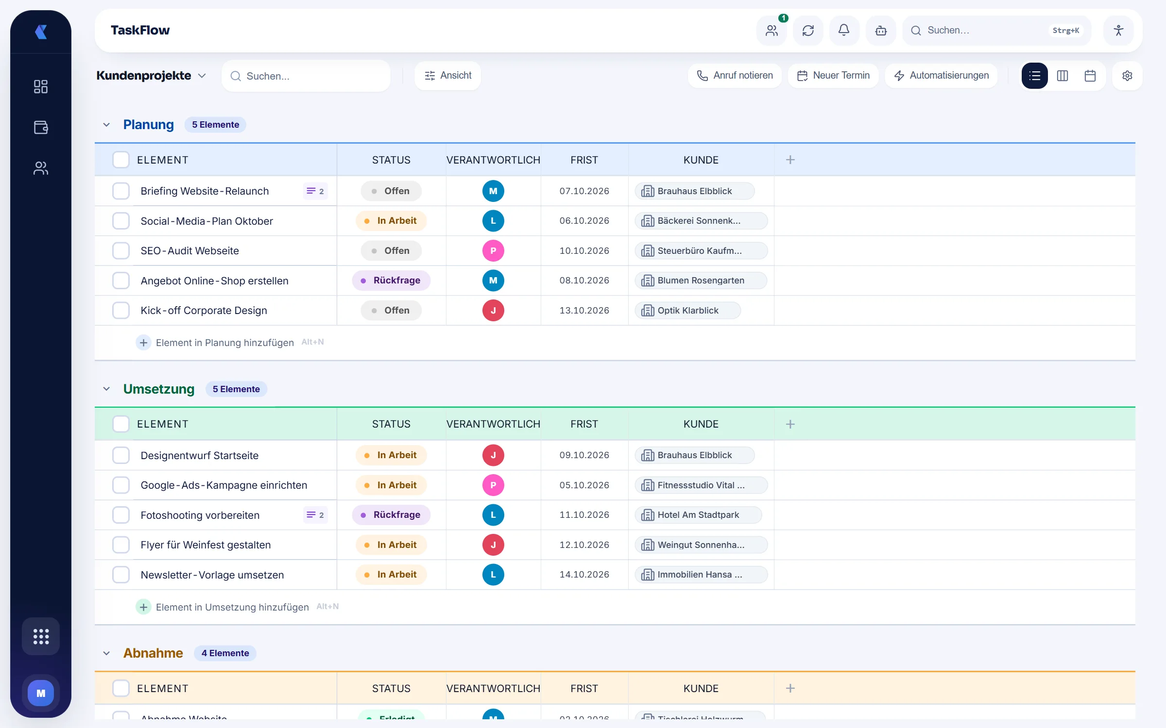 Projektliste in TaskFlow mit Status, Verantwortlichen, Fristen und Kunden