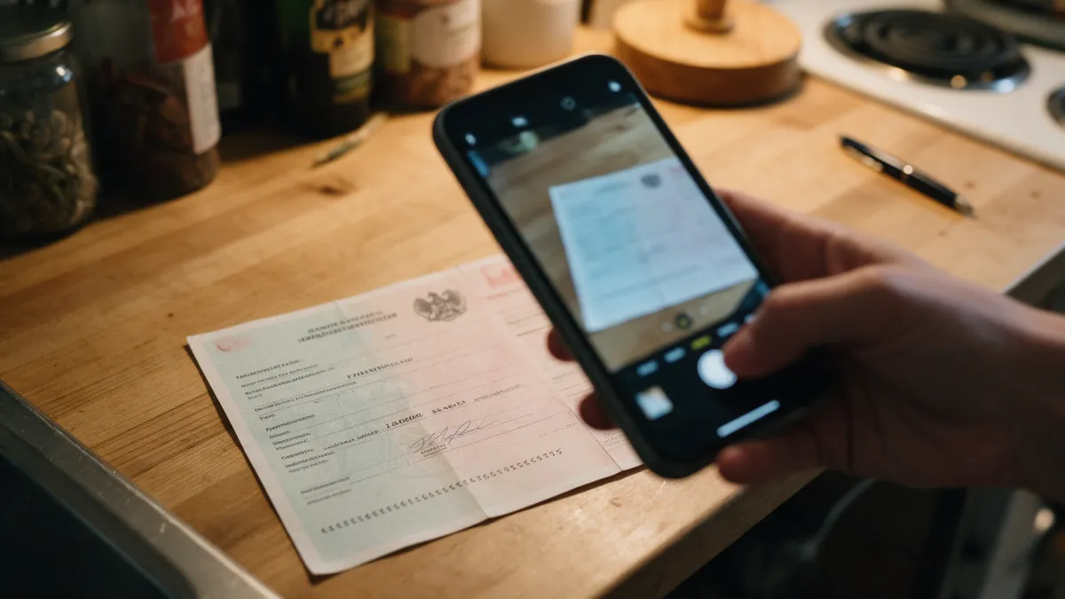 Eine Hand fotografiert eine ausländische Geburtsurkunde mit dem Smartphone